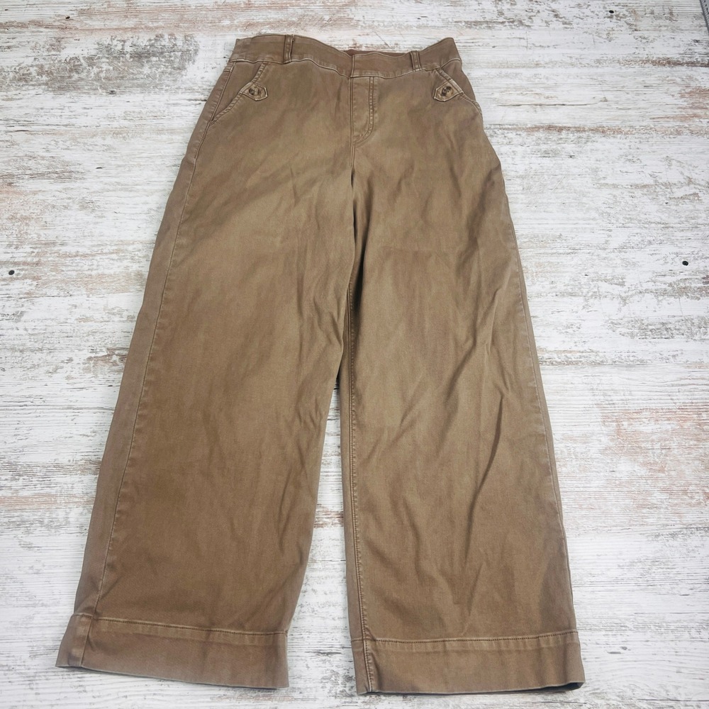 Spanx Womens Size M Brown Pants High-Rise Wide-Leg Cropped Twill Elastic Waist
